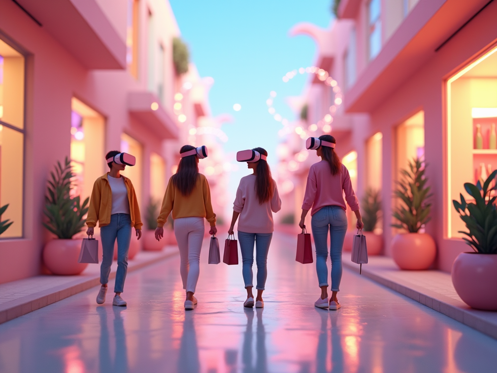 Four women in VR headsets walk with shopping bags down a futuristic, pink-toned street.