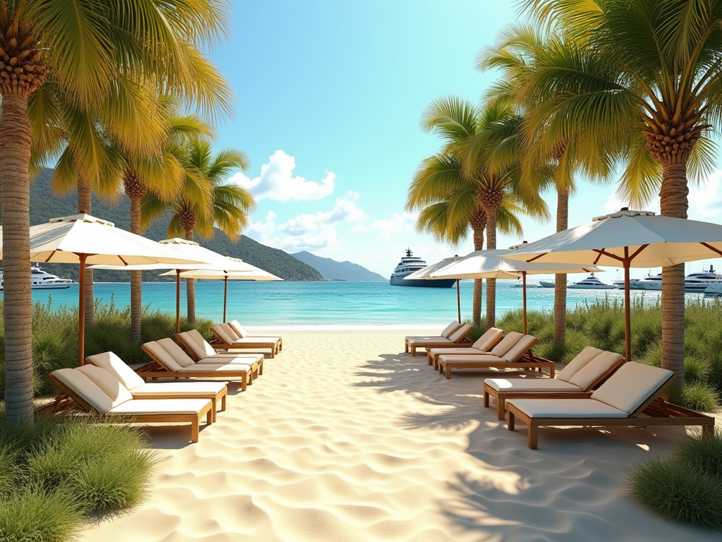 A serene beach scene with lounge chairs, umbrellas, and palm trees, overlooking a calm sea and distant yachts.