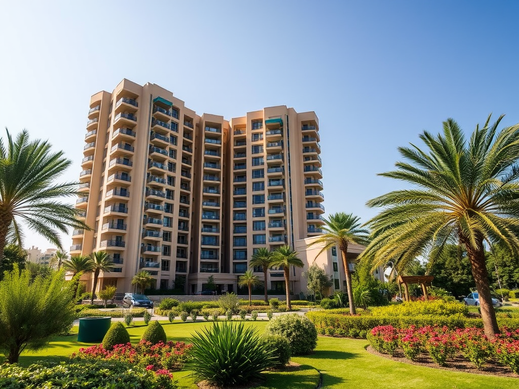 A modern apartment building surrounded by lush green gardens and palm trees under a clear blue sky.