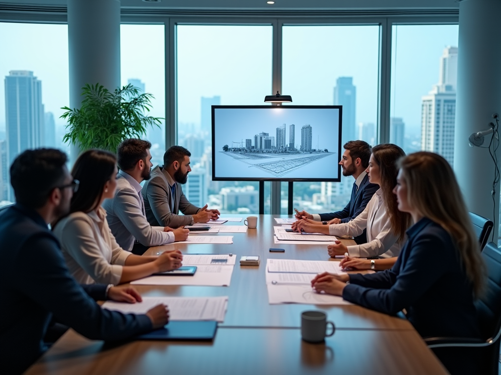 Professionals at a conference table in a high-rise office, with cityscape visible from window.